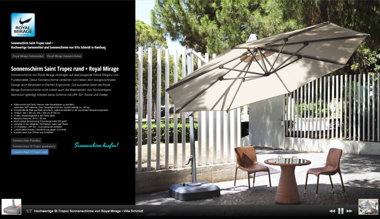 Webdesign, Umsetzung der Webseite Royal Mirage Sonnenschirme